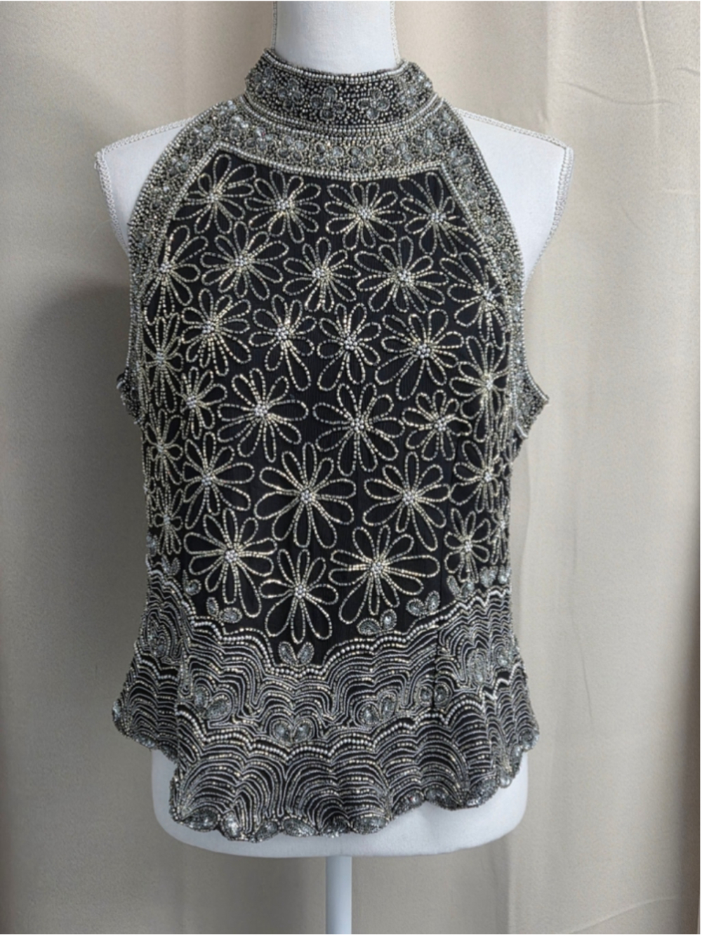 Laurence Kazar Black Beaded Halter Silver Floral Motif Silk Size XL